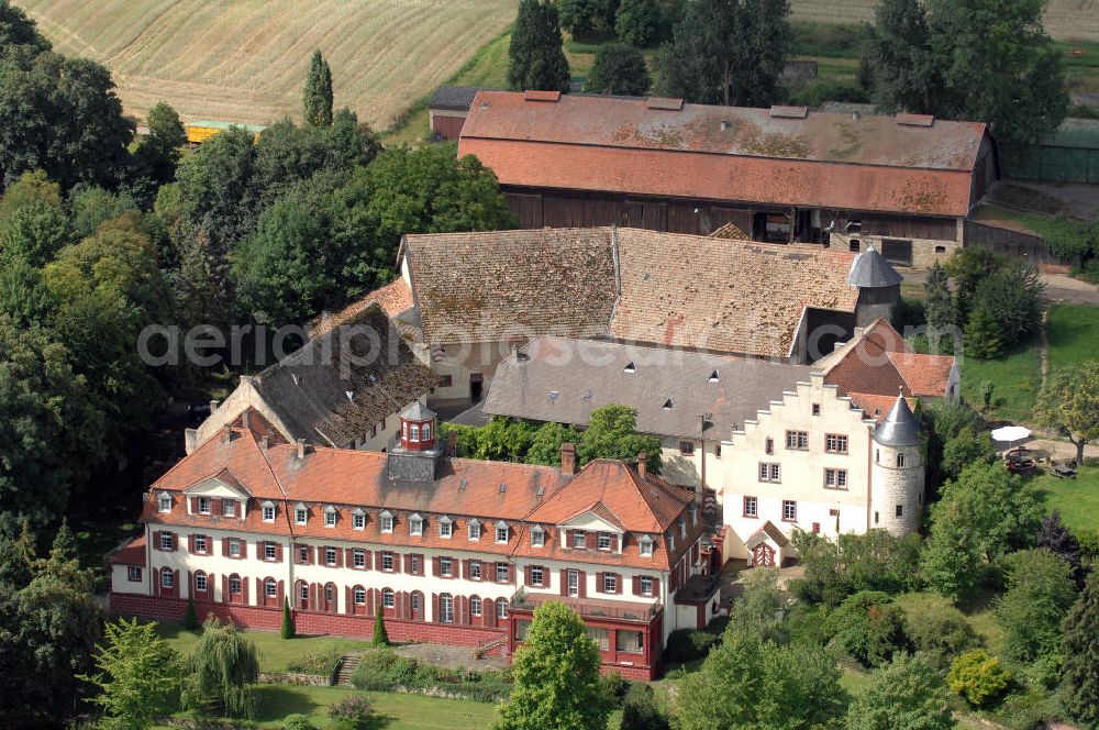 Aerial photograph Ingelheim - Blick auf das Schloss Westerhaus. Das Schloss Westerhaus ist das größte Hofgut Rheinhessens. Es steht auf dem Westerberg nahe Groß-Winternheim bei Ingelheim am Rhein. Es wird angenommen, dass die Gründung in Zusammenhang mit der Gründung der Kaiserpfalz Karls des Großen in Ingelheim im 8. Jahrhundert steht. Über 600 Jahre residierten die Grafen von Bolanden und Ingelheim in Schloss Westerhaus. Heute ist das Weingut Schloss Westerhaus der bekannteste Teil des Hofguts. Seit 2008 führen in vierter Generation Ivonne Gräfin von Schönburg-Glauchau (geb. von Opel) und ihr Mann Johannes Graf von Schönburg-Glauchau das Weingut Schloss Westerhaus. Kontakt: Tel. +49(0)6130 6674, Email: info@schloss-westerhaus.de