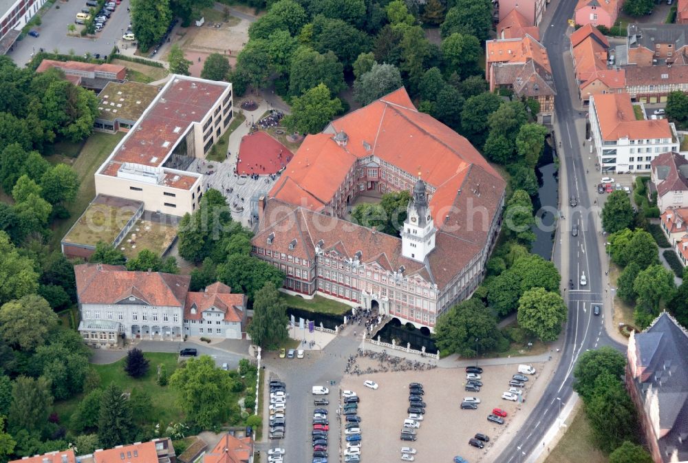 Wolfenbüttel from above - Castle Wolfenbuettel in Wolfenbuettel in the state Lower Saxony. The Castle Wolfenbuettel Wolfenbuettel in Lower Saxony is the second largest preserved Castle in Lower Saxony, Germany. Today, the castle is used by a high school, the Federal Academy for cultural education and a museum