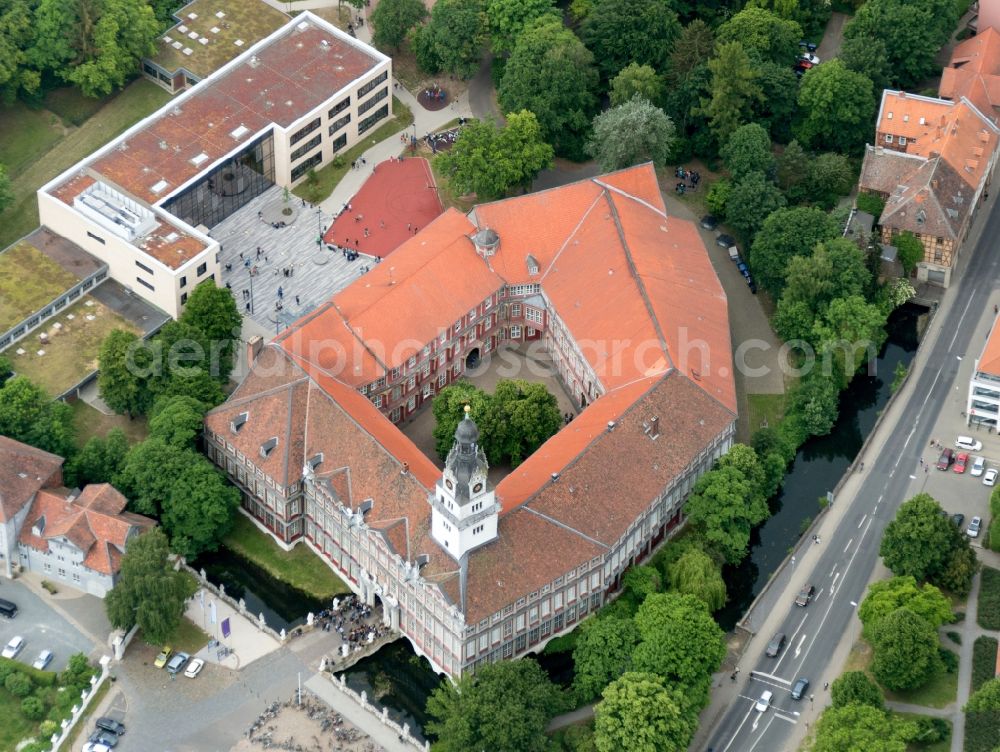 Aerial image Wolfenbüttel - Castle Wolfenbuettel in Wolfenbuettel in the state Lower Saxony. The Castle Wolfenbuettel Wolfenbuettel in Lower Saxony is the second largest preserved Castle in Lower Saxony, Germany. Today, the castle is used by a high school, the Federal Academy for cultural education and a museum