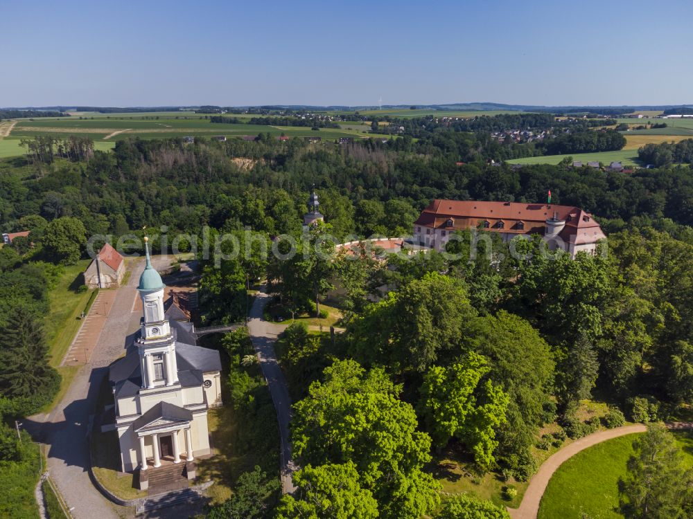 Limbach-Oberfrohna from above - Wolkenburg Castle and Church in Limbach-Oberfrohna in the state of Saxony, Germany