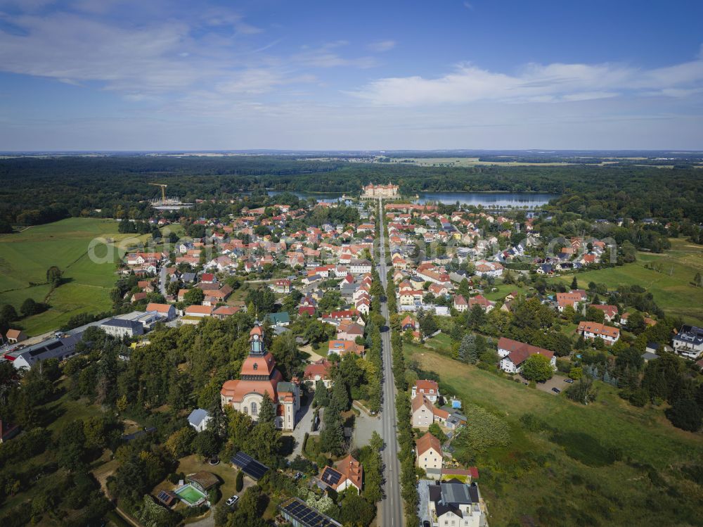 Moritzburg from above - Schlossallee, Moritzburger Church - residential areas in Moritzburg in the federal state of Saxony, Germany