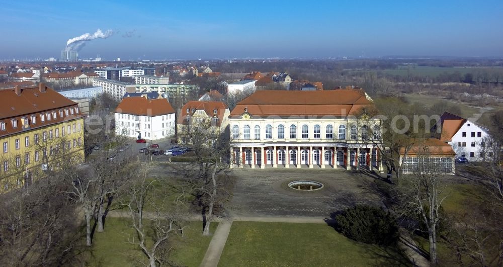 Aerial image Merseburg - The castle garden salon in Merseburg in Saxony-Anhalt is a historical monument of the ensemble of Schlossberg city on the Saale. The castle garden room was built in the Baroque style as a structural division of the Lustgarten. The building consists of the theater and the Orangerie. Here for the first time met the Provinzialständetag, the Parliament of the Province of Saxony