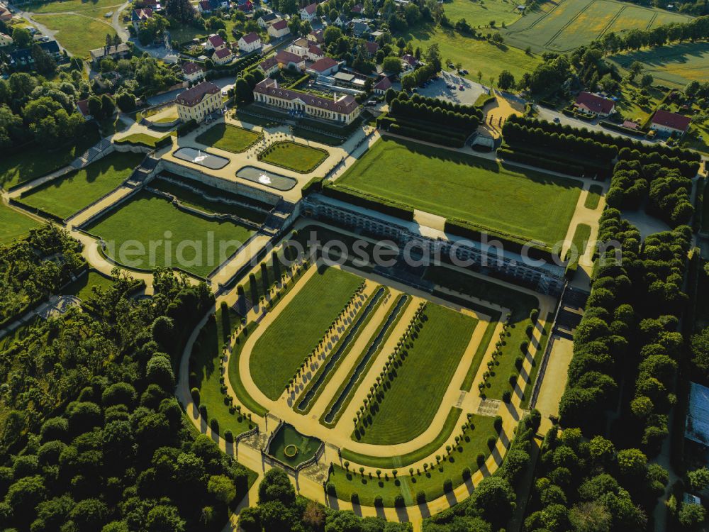 Heidenau from the bird's eye view: Paths and green areas of the park area of the castle park Barockgarten Grosssedlitz on street Parkstrasse in Heidenau in the state Saxony, Germany