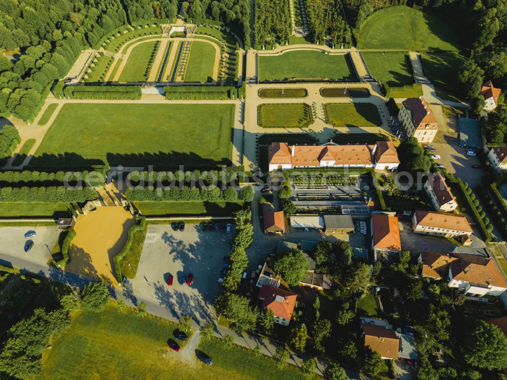 Heidenau from above - Paths and green areas of the park area of the castle park Barockgarten Grosssedlitz on street Parkstrasse in Heidenau in the state Saxony, Germany