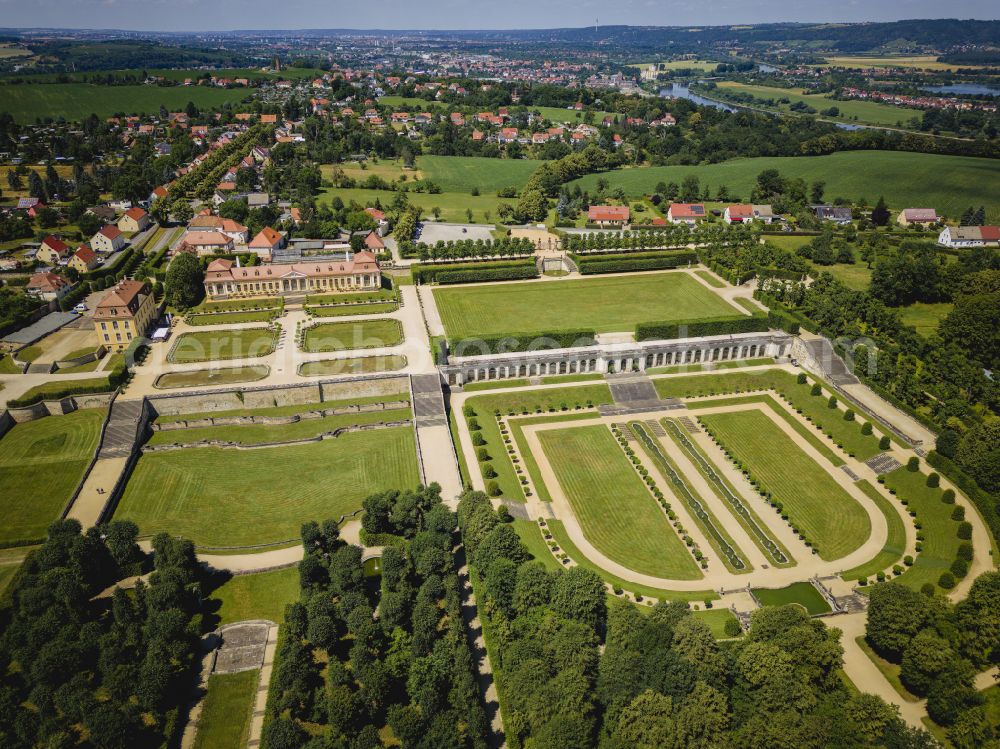 Heidenau from the bird's eye view: Paths and green areas of the park area of the castle park Barockgarten Grosssedlitz on street Parkstrasse in Heidenau in the state Saxony, Germany