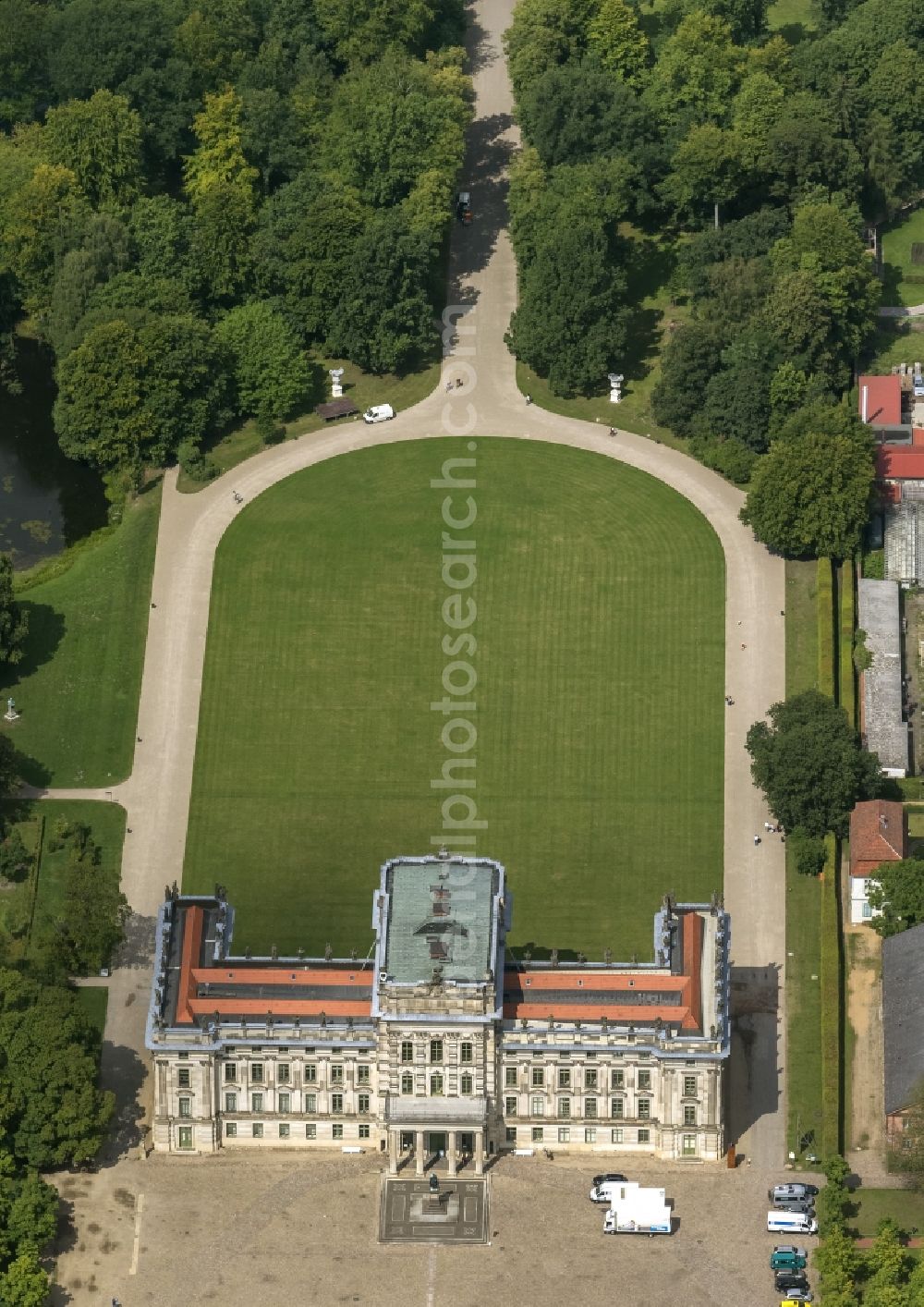 Aerial image Ludwigslust - Castle Park and Baroque castle Ludwigslust in Mecklenburg-Vorpommern. The 18th -Century Baroque palace served as the Mecklenburg dukes prestigious residence, and is now a national museum