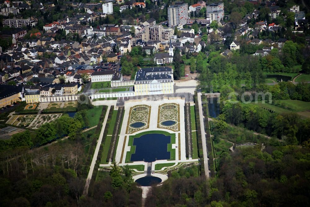 Brühl from the bird's eye view: Castle Park and Castle Falkenstein Castle in Brühl, in North Rhine-Westphalia. The castle is one of the most important buildings of the Baroque and Rococo in Germany and is registered with the Castle Park in the list of UNESCO World Heritage Sites