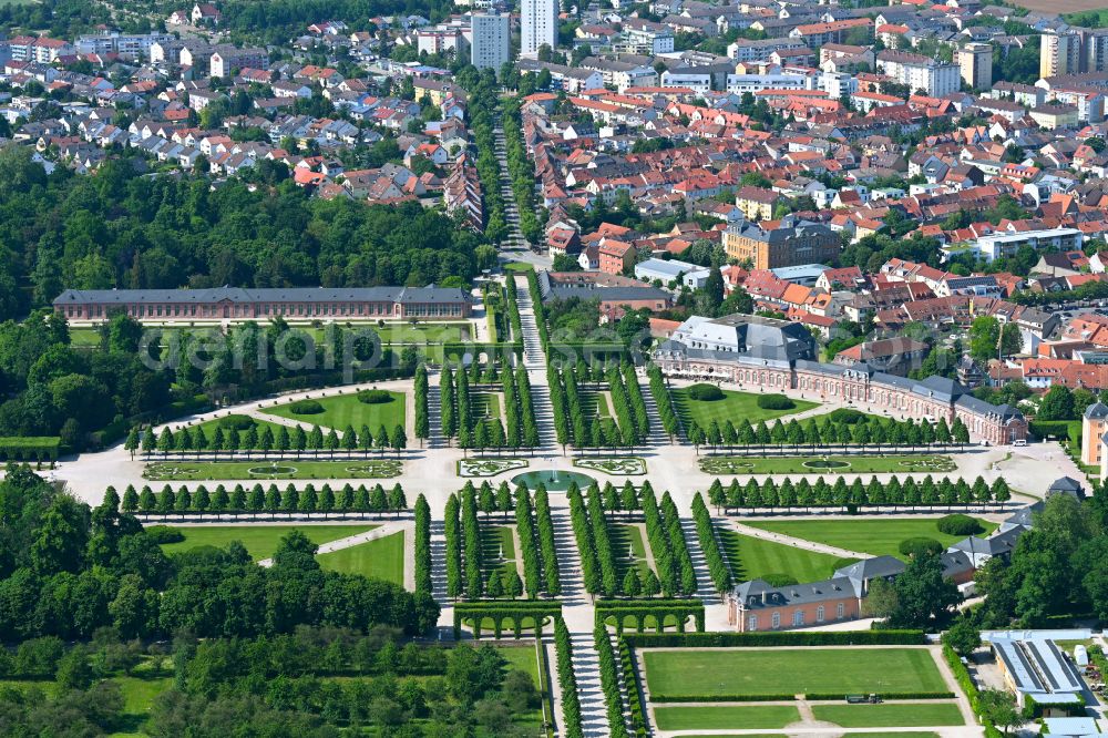 Schwetzingen from above - Paths and green areas of the park area of the castle park on street Dreikoenigstrasse in the district Rheinau in Schwetzingen in the state Baden-Wuerttemberg, Germany