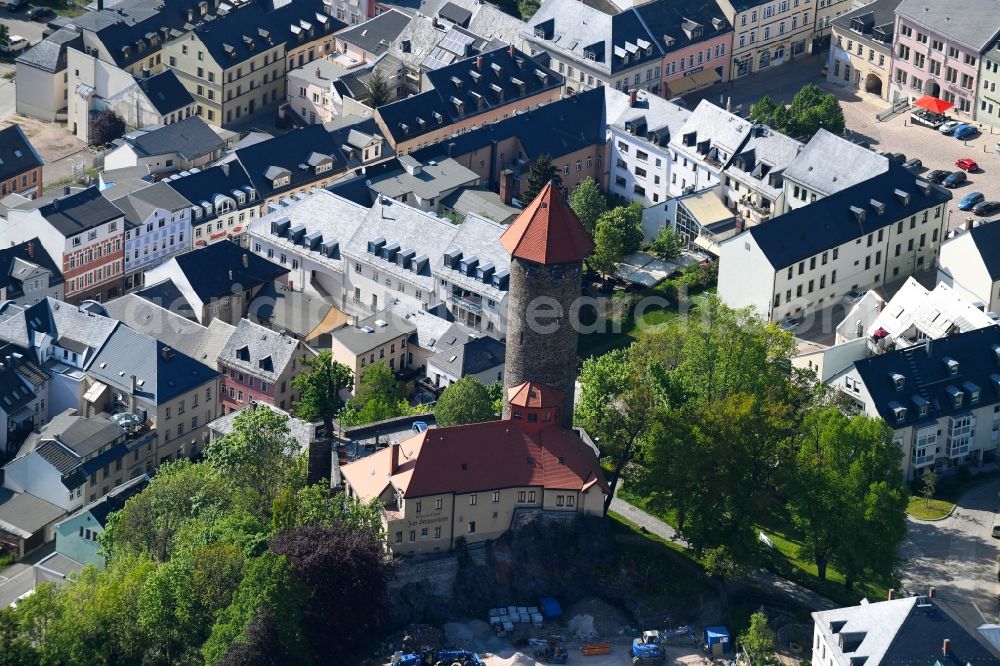 Auerbach/Vogtland from the bird's eye view: Castle tower at Castle Auerbach in Auerbach/Vogtland in the state Saxony, Germany