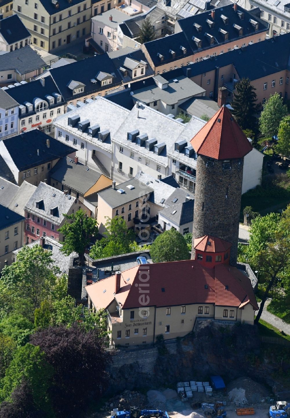 Aerial photograph Auerbach/Vogtland - Castle tower at Castle Auerbach in Auerbach/Vogtland in the state Saxony, Germany