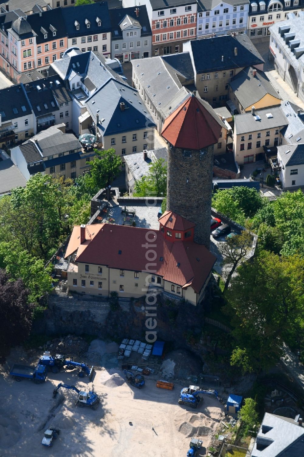 Aerial image Auerbach/Vogtland - Castle tower at Castle Auerbach in Auerbach/Vogtland in the state Saxony, Germany