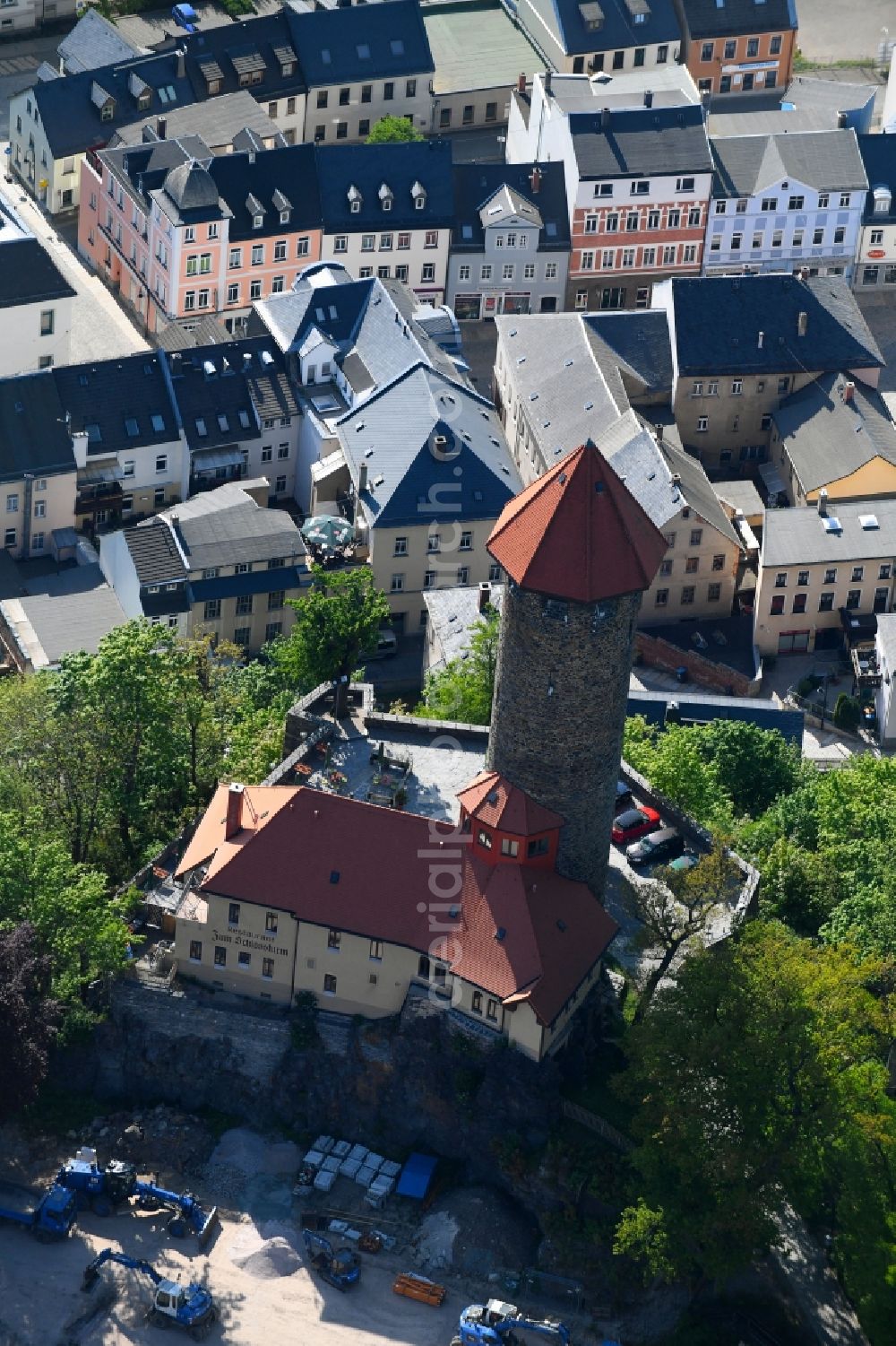 Aerial photograph Auerbach/Vogtland - Castle tower at Castle Auerbach in Auerbach/Vogtland in the state Saxony, Germany