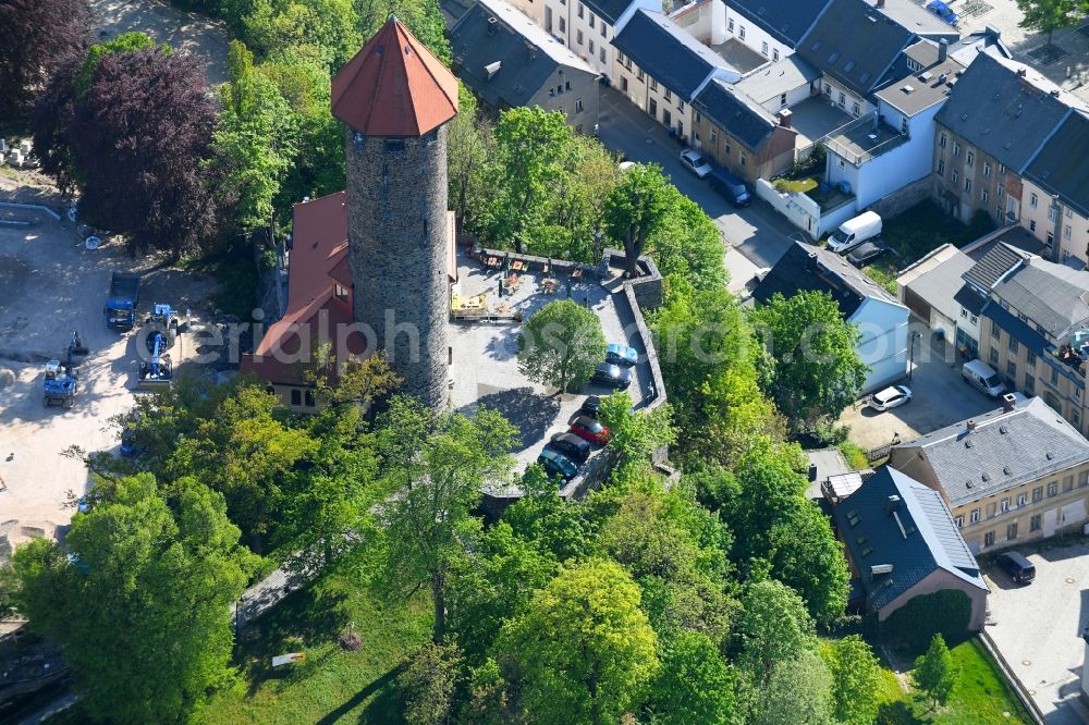 Aerial image Auerbach/Vogtland - Castle tower at Castle Auerbach in Auerbach/Vogtland in the state Saxony, Germany