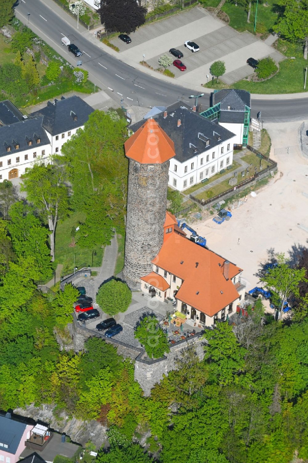 Auerbach/Vogtland from above - Castle tower at Castle Auerbach in Auerbach/Vogtland in the state Saxony, Germany