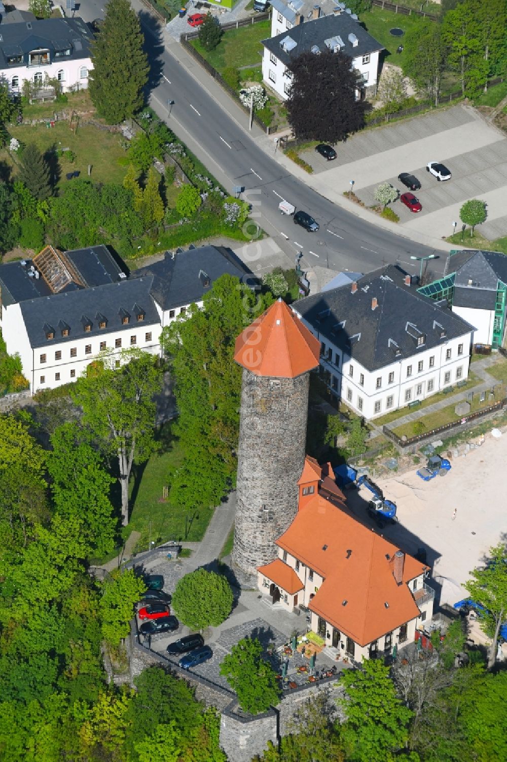 Auerbach/Vogtland from the bird's eye view: Castle tower at Castle Auerbach in Auerbach/Vogtland in the state Saxony, Germany