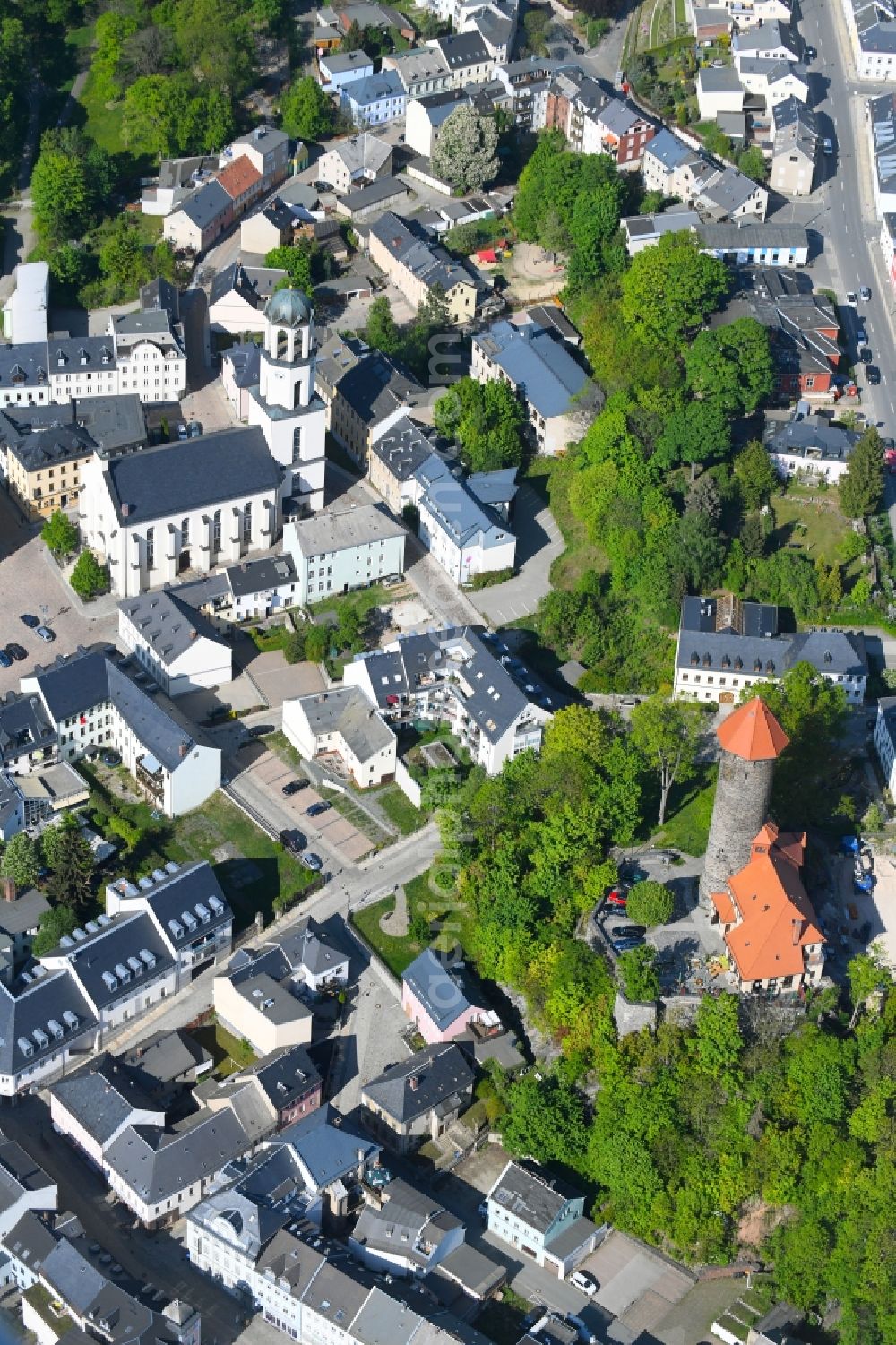 Aerial image Auerbach/Vogtland - Castle tower at Castle Auerbach in Auerbach/Vogtland in the state Saxony, Germany