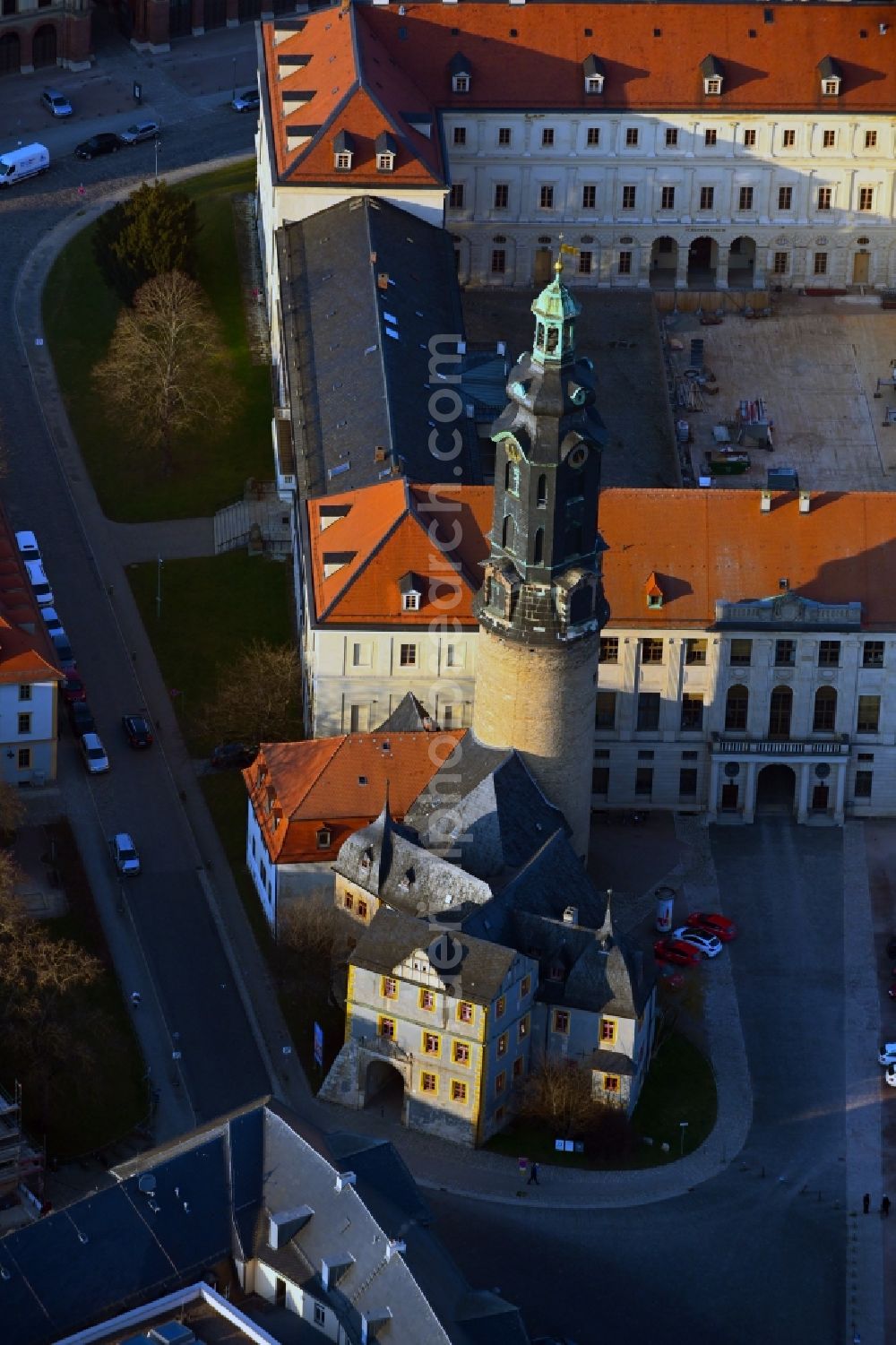Weimar from above - Castle tower at Castle Stadtschloss Weimar and Bastille in Weimar in the state Thuringia, Germany