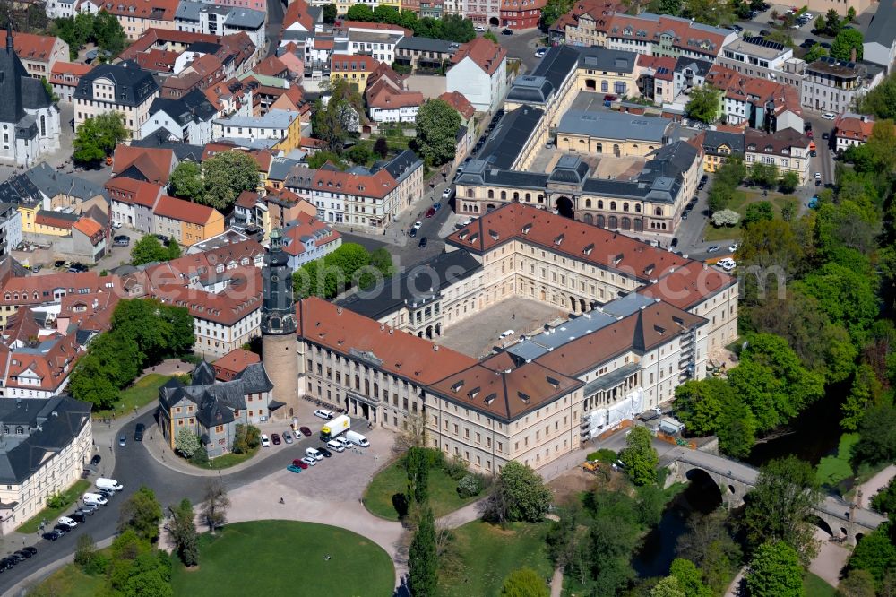 Aerial image Weimar - Castle tower at Castle Stadtschloss Weimar and Bastille in Weimar in the state Thuringia, Germany