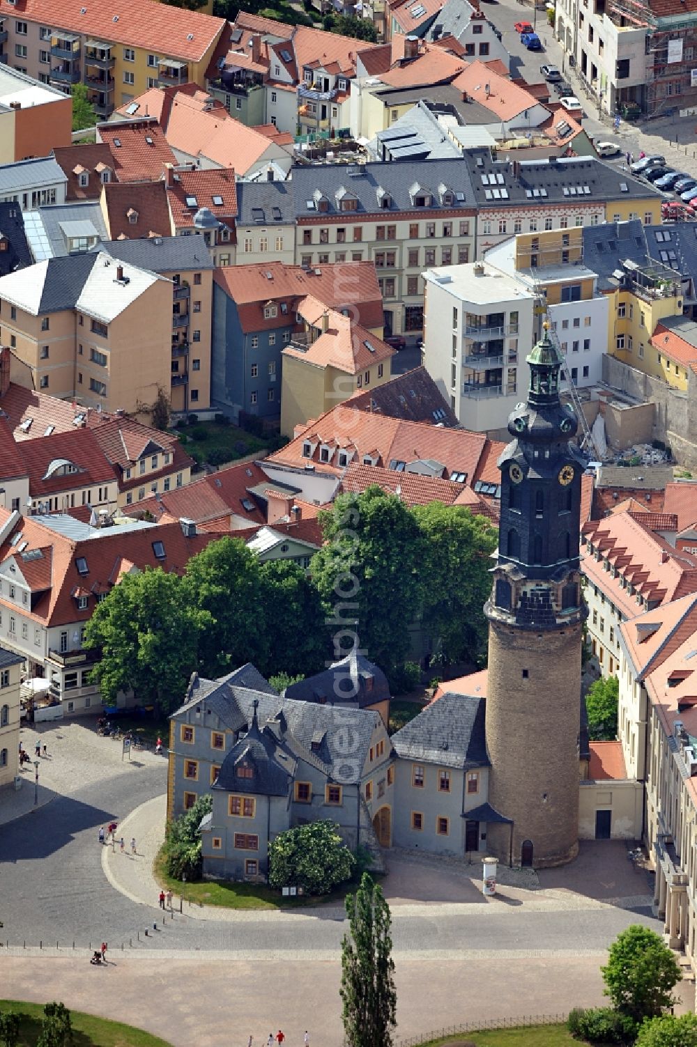 Weimar from above - Castle tower of the City Castle on Democracy Square in Weimar in the state of Thuringia