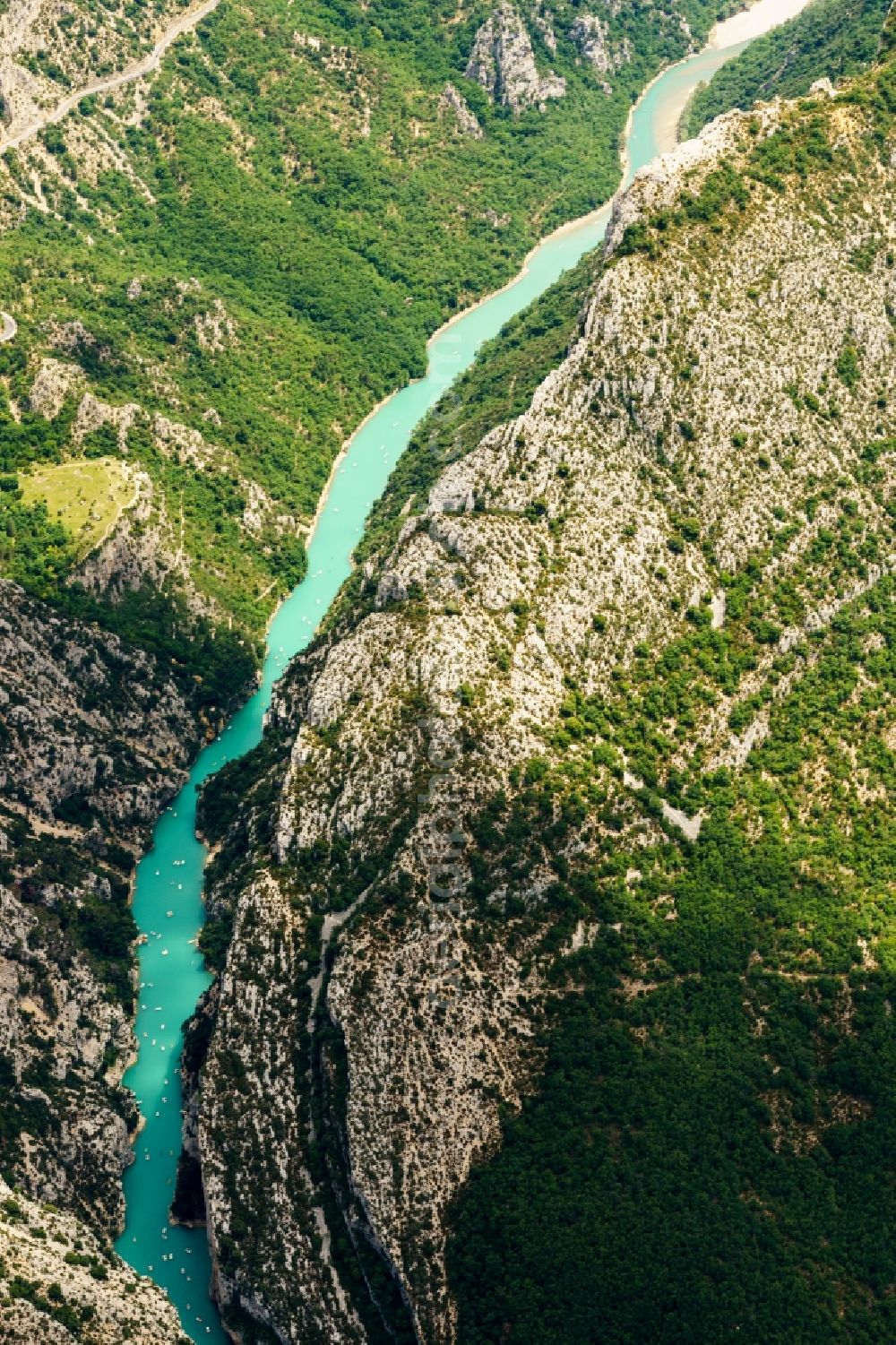 Moustiers-Sainte-Marie from the bird's eye view: Gorges du Verdon at lake Lac de Ste Croix in Moustiers-Sainte-Marie in Provence-Alpes-Cote d'Azur, France