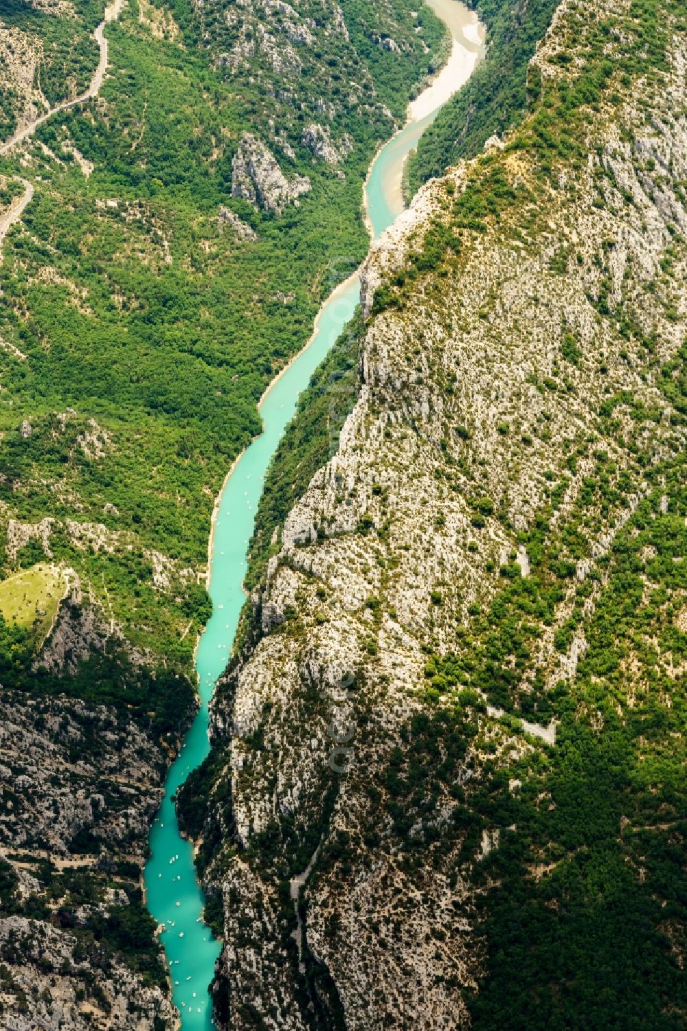 Aerial image Moustiers-Sainte-Marie - Gorges du Verdon at lake Lac de Ste Croix in Moustiers-Sainte-Marie in Provence-Alpes-Cote d'Azur, France