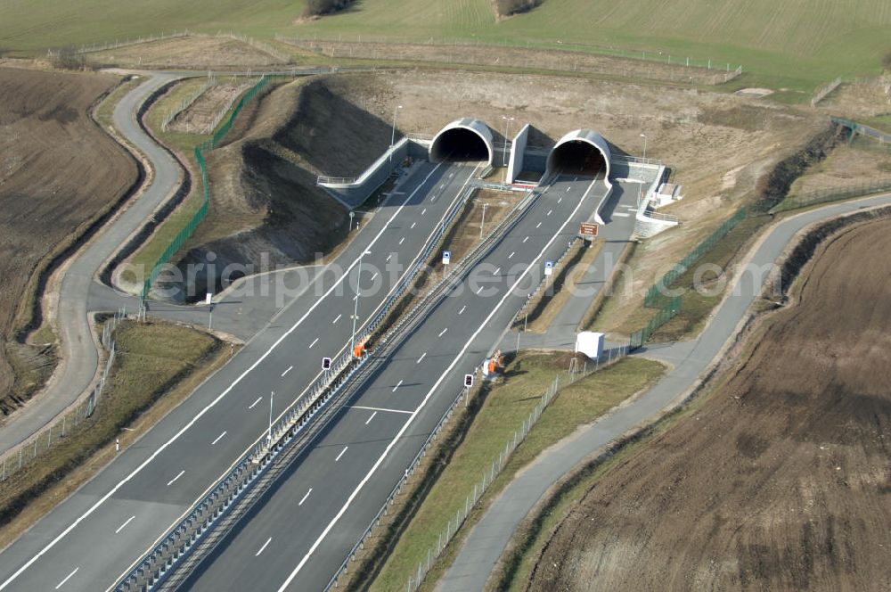 Oberheldrungen from the bird's eye view: Blick auf den Schmücketunnel im Bereich der neuen Trassenführung der Autobahn A71 südwestlich von Harras / Oberheldrungen in Thüringen nach der Verkehrsfreigabe. SCHÜßLER PLAN, BARESEL; KUNZ Bau; HERMANN KIRCHNER Bauunternehmung GmbH in Projektdurchführung durch die DEGES Deutsche Einheit Fernstraßenplanungs- und -bau GmbH.View of the Schmücketunnel in the new route of the A71 motorway southwest of Harass / Oberheldrungen in Thuringia after the opening to traffic.