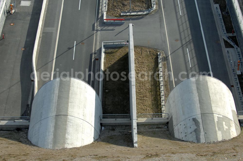 Aerial image Oberheldrungen - Blick auf den Schmücketunnel im Bereich der neuen Trassenführung der Autobahn A71 südwestlich von Harras / Oberheldrungen in Thüringen nach der Verkehrsfreigabe. SCHÜßLER PLAN, BARESEL; KUNZ Bau; HERMANN KIRCHNER Bauunternehmung GmbH in Projektdurchführung durch die DEGES Deutsche Einheit Fernstraßenplanungs- und -bau GmbH.View of the Schmücketunnel in the new route of the A71 motorway southwest of Harass / Oberheldrungen in Thuringia after the opening to traffic.