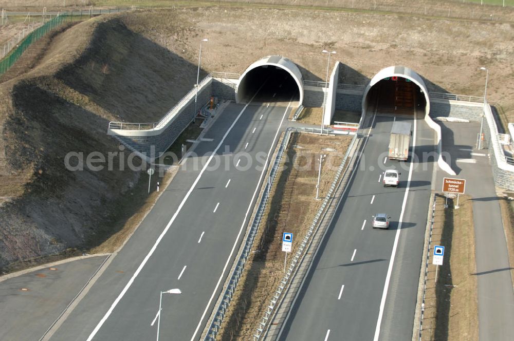 Oberheldrungen from the bird's eye view: Blick auf den Schmücketunnel im Bereich der neuen Trassenführung der Autobahn A71 südwestlich von Harras / Oberheldrungen in Thüringen nach der Verkehrsfreigabe. SCHÜßLER PLAN, BARESEL; KUNZ Bau; HERMANN KIRCHNER Bauunternehmung GmbH in Projektdurchführung durch die DEGES Deutsche Einheit Fernstraßenplanungs- und -bau GmbH.View of the Schmücketunnel in the new route of the A71 motorway southwest of Harass / Oberheldrungen in Thuringia after the opening to traffic.