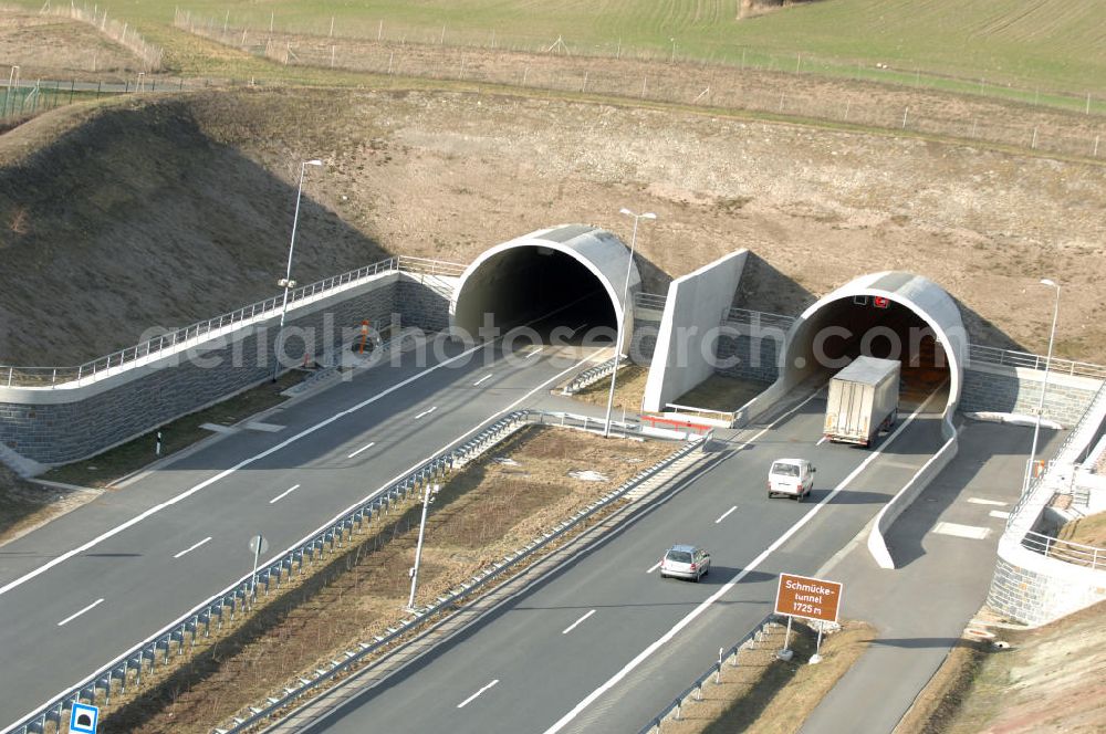 Aerial photograph Oberheldrungen - Blick auf den Schmücketunnel im Bereich der neuen Trassenführung der Autobahn A71 südwestlich von Harras / Oberheldrungen in Thüringen nach der Verkehrsfreigabe. SCHÜßLER PLAN, BARESEL; KUNZ Bau; HERMANN KIRCHNER Bauunternehmung GmbH in Projektdurchführung durch die DEGES Deutsche Einheit Fernstraßenplanungs- und -bau GmbH.View of the Schmücketunnel in the new route of the A71 motorway southwest of Harass / Oberheldrungen in Thuringia after the opening to traffic.