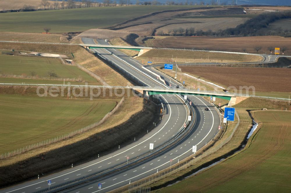 Aerial photograph Oberheldrungen - Blick auf den Schmücketunnel im Bereich der neuen Trassenführung der Autobahn A71 südwestlich von Harras / Oberheldrungen in Thüringen nach der Verkehrsfreigabe. SCHÜßLER PLAN, BARESEL; KUNZ Bau; HERMANN KIRCHNER Bauunternehmung GmbH in Projektdurchführung durch die DEGES Deutsche Einheit Fernstraßenplanungs- und -bau GmbH.View of the Schmücketunnel in the new route of the A71 motorway southwest of Harass / Oberheldrungen in Thuringia after the opening to traffic.