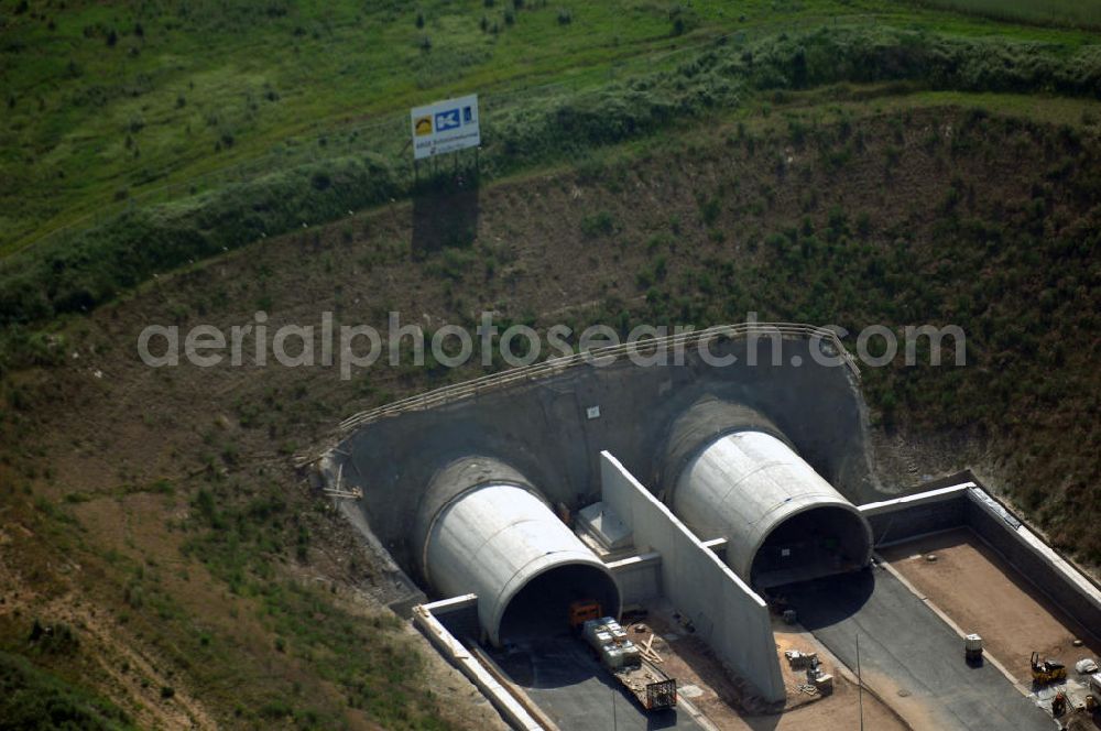 Aerial photograph Oberheldrungen - Baustelle Schmücketunnel im Bereich der neuen Trassenführung der Autobahn A71 südwestlich von Harras / Oberheldrungen in Thüringen. SCHÜßLER PLAN (Öffentlichkeitsarbeit Frau Schöne 0211-6102210), BARESEL; KUNZ Bau; HERMANN KIRCHNER Bauunternehmung GmbH in Projektdurchführung durch die DEGES Deutsche Einheit Fernstraßenplanungs- und -bau GmbH