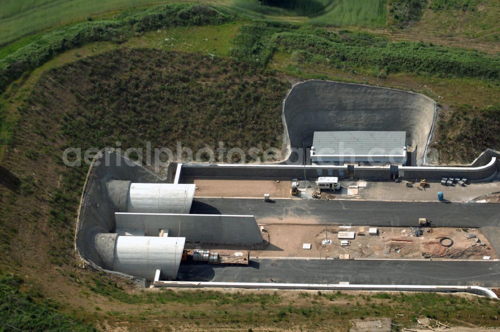 Oberheldrungen from the bird's eye view: Baustelle Schmücketunnel im Bereich der neuen Trassenführung der Autobahn A71 südwestlich von Harras / Oberheldrungen in Thüringen. SCHÜßLER PLAN (Öffentlichkeitsarbeit Frau Schöne 0211-6102210), BARESEL; KUNZ Bau; HERMANN KIRCHNER Bauunternehmung GmbH in Projektdurchführung durch die DEGES Deutsche Einheit Fernstraßenplanungs- und -bau GmbH