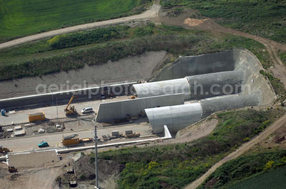 Aerial image Oberheldrungen - Baustelle Schmücketunnel im Bereich der neuen Trassenführung der Autobahn A71 südwestlich von Harras / Oberheldrungen in Thüringen. SCHÜßLER PLAN (Öffentlichkeitsarbeit Frau Schöne 0211-6102210), BARESEL; KUNZ Bau; HERMANN KIRCHNER Bauunternehmung GmbH in Projektdurchführung durch die DEGES Deutsche Einheit Fernstraßenplanungs- und -bau GmbH