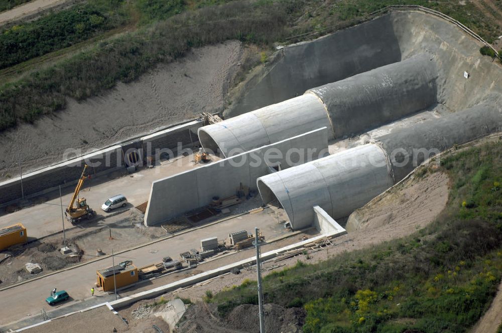 Aerial photograph Oberheldrungen - Baustelle Schmücketunnel im Bereich der neuen Trassenführung der Autobahn A71 südwestlich von Harras / Oberheldrungen in Thüringen. SCHÜßLER PLAN (Öffentlichkeitsarbeit Frau Schöne 0211-6102210), BARESEL; KUNZ Bau; HERMANN KIRCHNER Bauunternehmung GmbH in Projektdurchführung durch die DEGES Deutsche Einheit Fernstraßenplanungs- und -bau GmbH