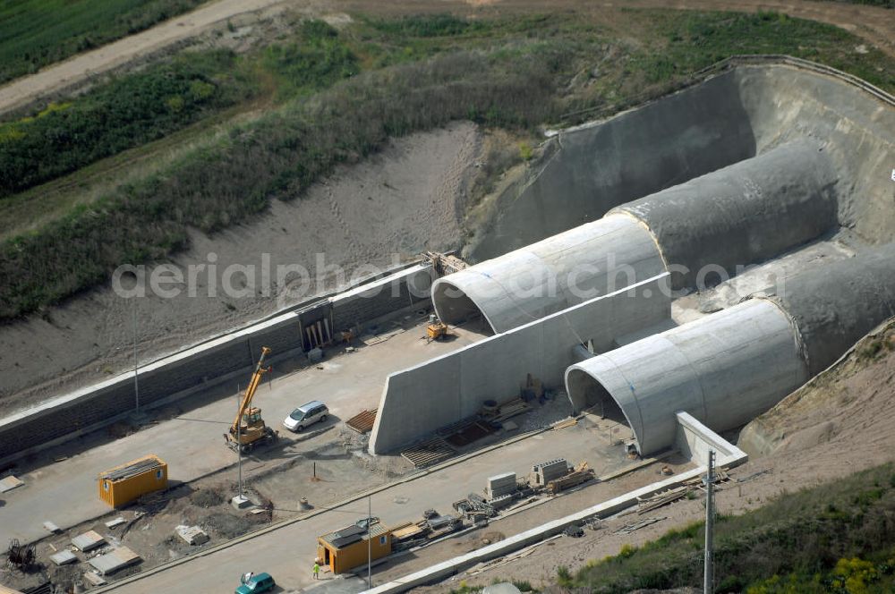 Oberheldrungen from above - Baustelle Schmücketunnel im Bereich der neuen Trassenführung der Autobahn A71 südwestlich von Harras / Oberheldrungen in Thüringen. SCHÜßLER PLAN (Öffentlichkeitsarbeit Frau Schöne 0211-6102210), BARESEL; KUNZ Bau; HERMANN KIRCHNER Bauunternehmung GmbH in Projektdurchführung durch die DEGES Deutsche Einheit Fernstraßenplanungs- und -bau GmbH