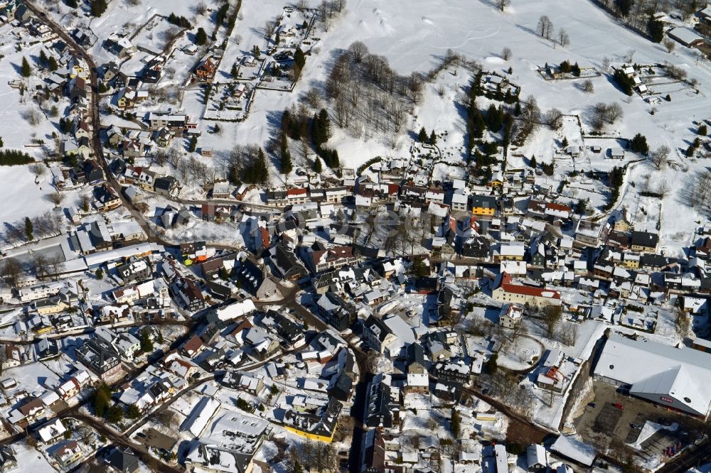 Aerial image Suhl - Winter with snow covered village Schmiedefeld in Thuringia