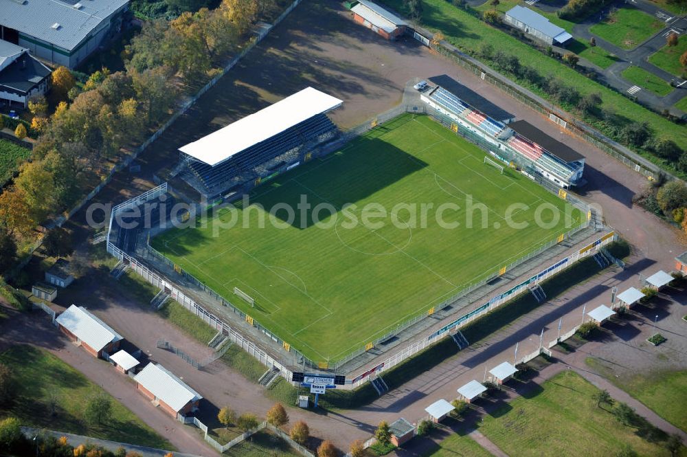 Aerial photograph Aschaffenburg - Das Stadion am Schönbusch ist ein reines Fußballstadion in Aschaffenburg. Das Stadion ist die Spielstätte des SV Viktoria Aschaffenburg, wird aber auch von der Footballmannschaft Aschaffenburg Stallions für Heimspiele genutzt. The stadium at Schoenbusch is a football-only stadium, The stadium is the home playground of the SV Viktoria Aschaffenburg and the American football team Aschaffenburg Stallions.