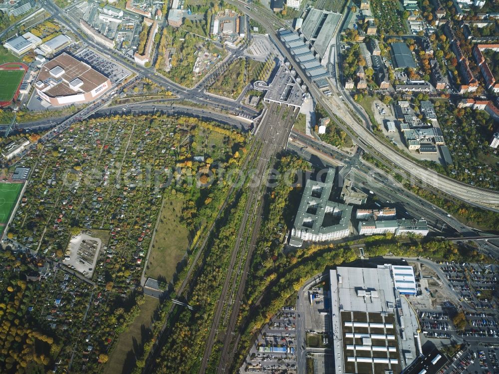 Aerial photograph Berlin - Schoeneberger Suedgelaende (Schoeneberg South area) in the Schoeneberg part of Berlin in Germany. The area includes the nature park Suedgelaende in the East as well as the largest area of allotements of Berlin. A large commercial area sits adjacent to it in the East and includes an IKEA furniture store. The train station Suedkreuz is located in the North