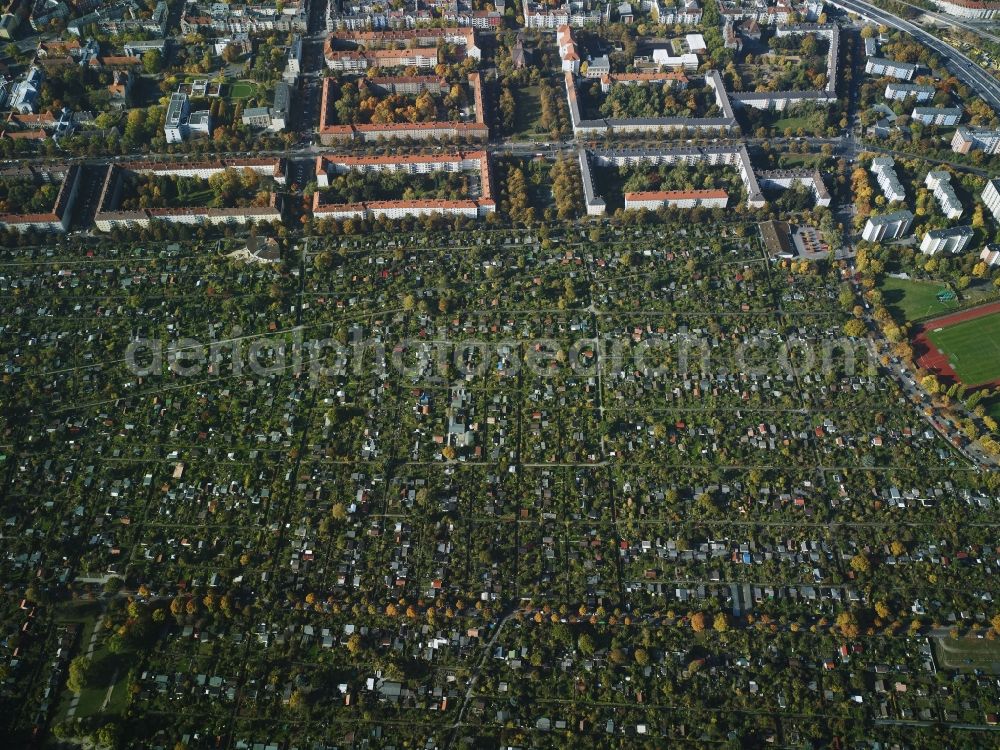 Berlin from above - Schoeneberger Suedgelaende (Schoeneberg South area) in the Schoeneberg part of Berlin in Germany. The area includes the nature park Suedgelaende in the East as well as the largest area of allotements of Berlin which is bordered by residential estates around Grazer Damm in the West