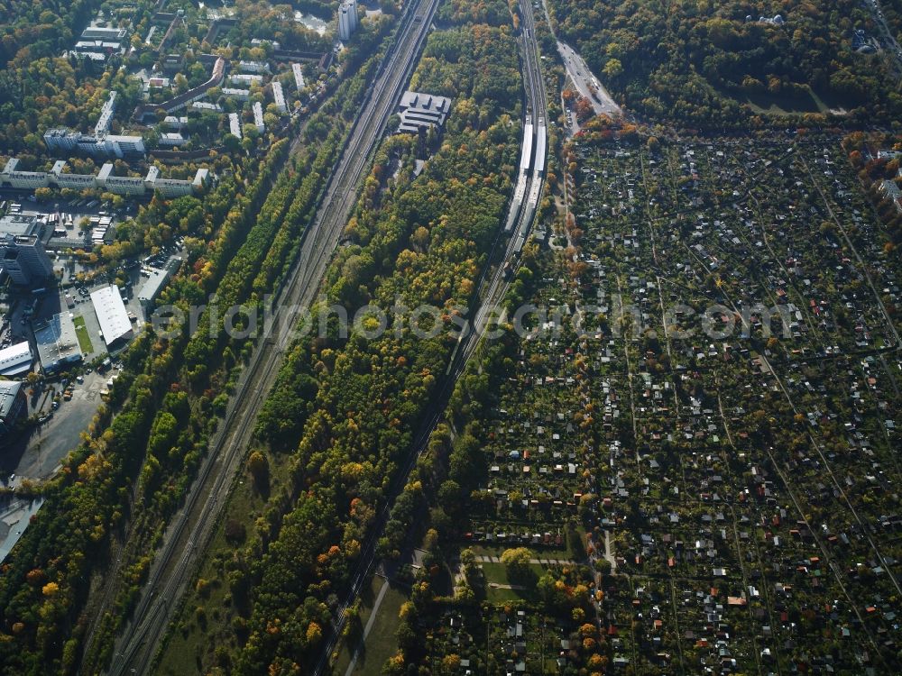 Aerial image Berlin - Schoeneberger Suedgelaende (Schoeneberg South area) in the Schoeneberg part of Berlin in Germany. The area includes the nature park Suedgelaende in the East as well as the largest area of allotements of Berlin which is bordered by railway tracks of the S-Bahn in the East. S-Bahn-Station Priesterweg is visible in the South