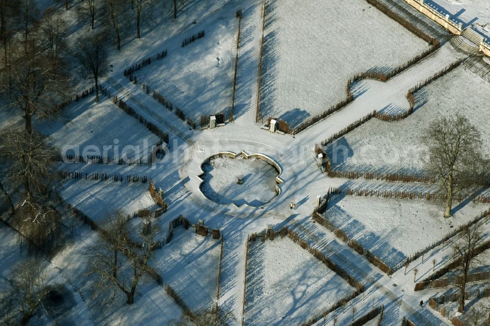 Potsdam from above - Snow covered park at the main path Hauptallee in the Sanssouci Park in Potsdam in the state of Brandenburg