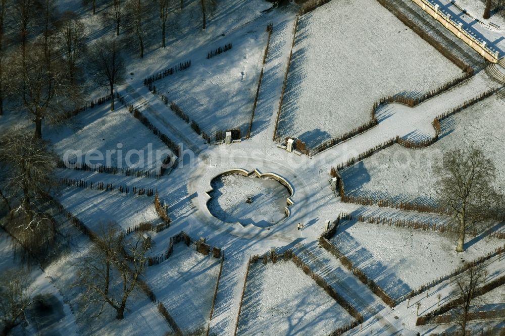 Potsdam from the bird's eye view: Snow covered park at the main path Hauptallee in the Sanssouci Park in Potsdam in the state of Brandenburg