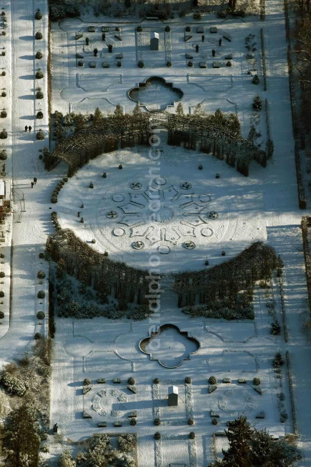 Potsdam from above - Snow covered Sicilian park in the Sanssouci Park in Potsdam in the state of Brandenburg