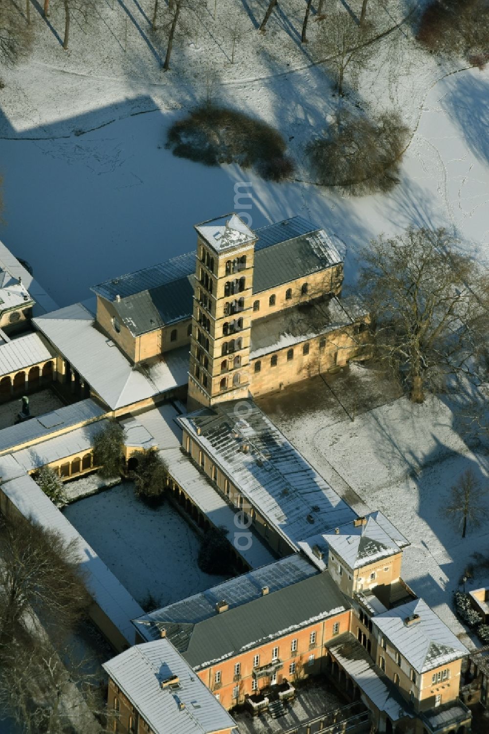 Potsdam from above - Wintry snowy church building of the Peace Church on Maryl Gardens in the Sanssouci Park in Potsdam in the state of Brandenburg