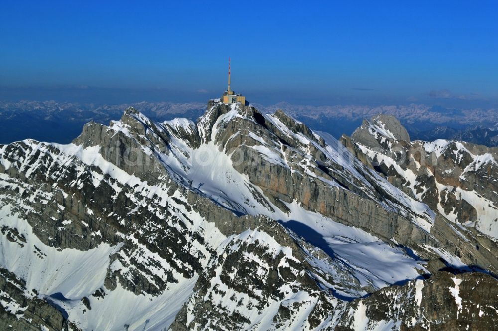 Aerial photograph Säntis - Snow veiled mountain range Santis - Mountain in the Appenzell Alps in Switzerland