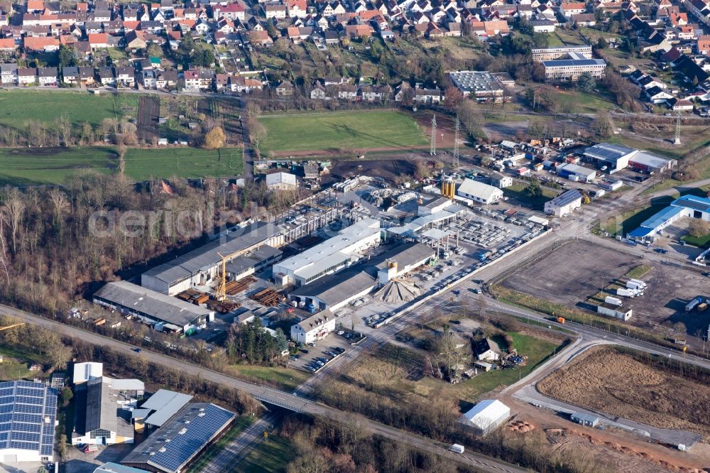 Huttenheim from above - Mixed concrete and building materials factory of Schneider Betonfertigteilewerk GmbH in Huttenheim in the state Baden-Wurttemberg, Germany