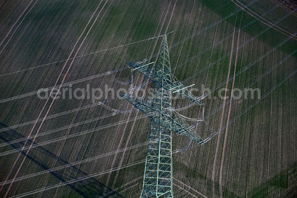 Erdeborn from above - Current route of the power lines and pylons in Erdeborn in the state Saxony-Anhalt, Germany