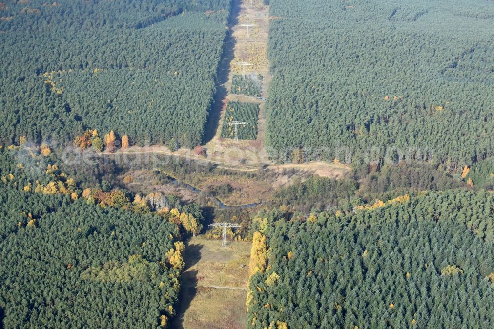 Löcknitztal from above - Current route of the power lines and pylons in Loecknitztal in the state Brandenburg