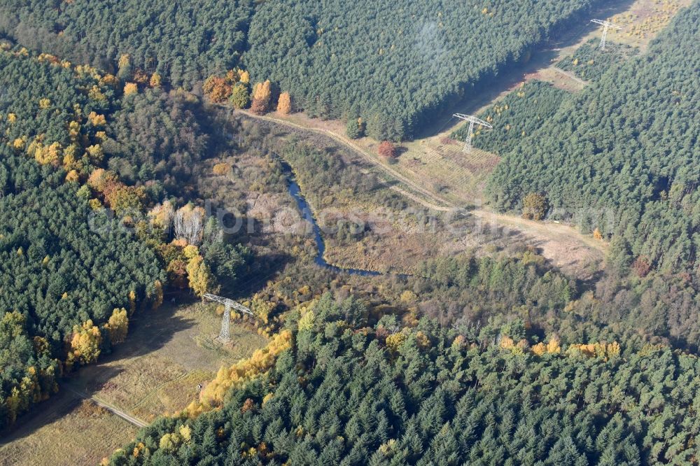 Löcknitztal from the bird's eye view: Current route of the power lines and pylons in Loecknitztal in the state Brandenburg