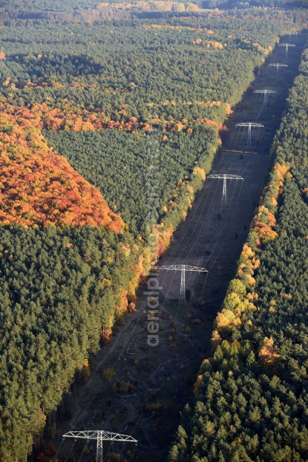 Aerial photograph Rüdersdorf - Current route of the power lines and pylons in Ruedersdorf in the state Brandenburg